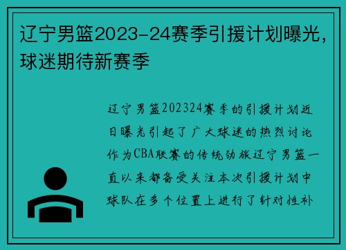 辽宁男篮2023-24赛季引援计划曝光，球迷期待新赛季