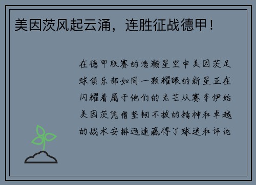 美因茨风起云涌，连胜征战德甲！